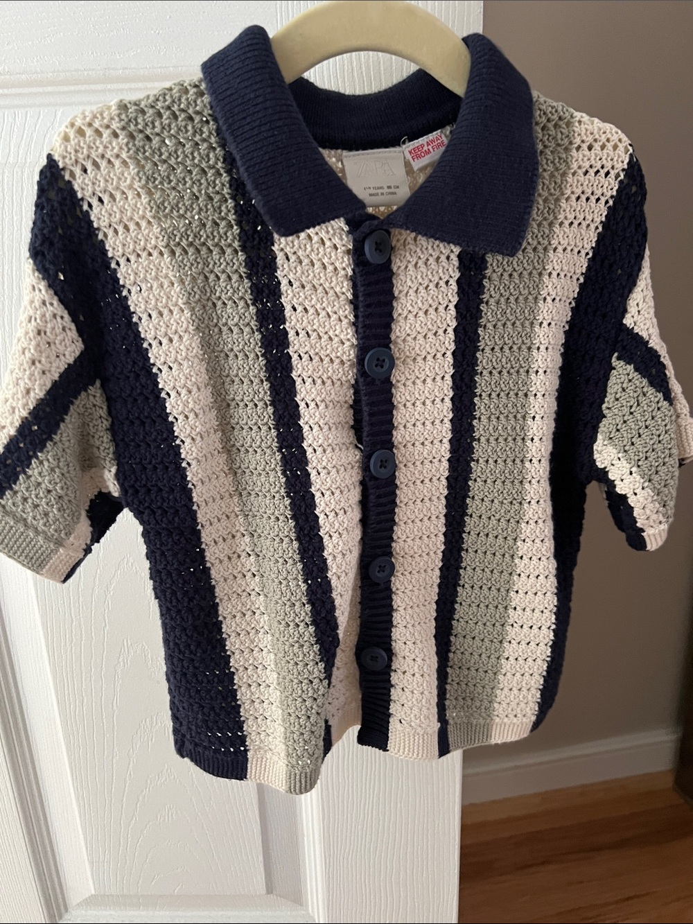 Zara Short-Sleeve Knit Polo Shirt - Navy & Cream Stripe
